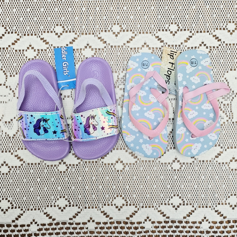 2pk New Toddler Girls Purple Unicorn Rainbows Clouds Strap Sandals Shoes 7 / 8